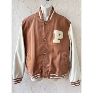 PacSun Varsity Letterman Jacket Brown Cream Faux Leather Sleeves Chenille P M/L